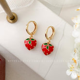 Tiny Strawberry huggie hoops Earrings, Strawberry Heart Charm Pendant, Cute Berry Fruit Earrings